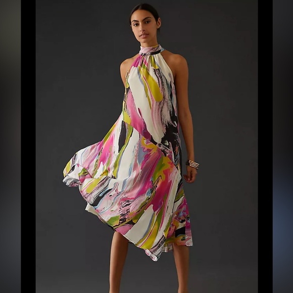 Anthropologie multicolor asymmetrical swirled halter neck dress M tie neck flowy - Picture 1 of 9